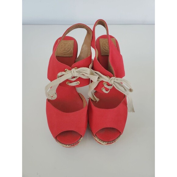 Tory Burch LINLEY Red Canvas Espadrille Wedge Sandals Size 10 M Shoes - Picture 12 of 12
